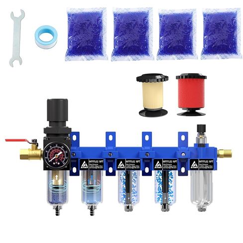 1/4" NPT 5 Stage Air Filter Regulator Lubricator Combo, Air Regulator and Water Separator,Air Compressor Water Separator,5 &0.01Micron Filter Cartridge,Double Desiccant Dryers-Blue in Kuwait