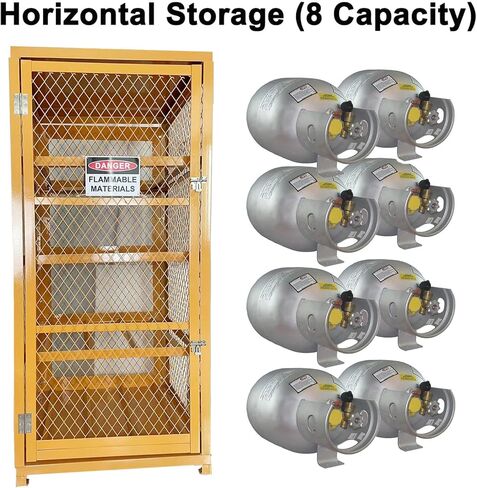 koxuyim Industrial Cage Cabinet Single Door Vertical Storage & Horizontal Storage, Propane Tank Cylinder Cage, 8 & 9 Cylinder Capacity, Cylinder Cabinet with Yellow Powder Coat Finish in Saudi Arabia