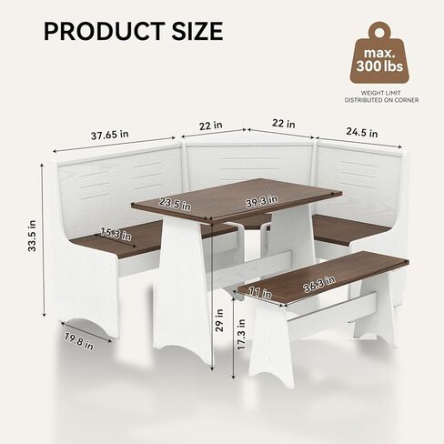 مجموعة كراسي طاولة طعام زاوية الإفطار في زاوية المطبخ، موفرة للمساحة 3-4 مقاعد على شكل حرف L لمنزل المزرعة العائلي والخشب البني الأبيض in Kuwait