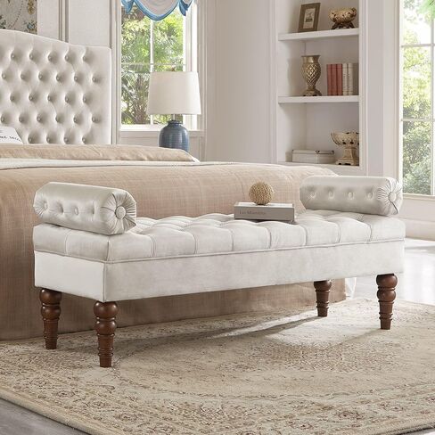Velvet Upholstered Bed Bench with Tufted Button Design, Rectangular End of Bed Ottoman Bench with Armrests, Long Footrest Bench for Bedroom Entryway Living Room, Navy Blue in Saudi Arabia