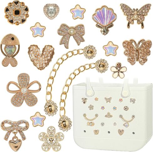 Charms for Bogg Bag, Butterfly Flowers for Bogg Bag Accessories Charms, Black Gold Charm & Bling Pearl Chain Compatible with Simply Southern Beach Bags Tote, Insert for Rubber Beach Tote Handbag (21 Pcs) in Saudi Arabia