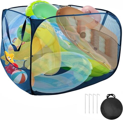 Large Pop up Pool Toy Storage Bin,47"X47"X30"Pool Float Organizer Bag with 2 Side Pockets Mesh Swimming Pool Toys Organizer with 4 Ground Nails for Inflatable Toys, Beach Ball and Pool Accessories in Saudi Arabia