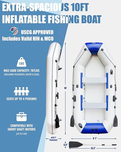 10FT Inflatable Fishing Boat for Adults with Drop-Stitch Floor 3–4 Persons PVC Inflatable Boat with Fishing Rod Holders, Ready for Fishing Tender or Recreation USCG Approved in Kuwait