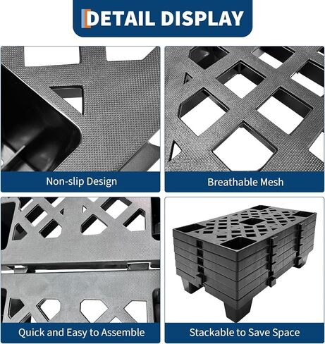 8 Pack Plastic Pallets, 19.7" x 11.8" x 3.9" Lightweight Nestable & Stackable Pallets, Black Interlocking Floor Tiles for Storage, Ventilated Design for Garage, Warehouse, Basement in Saudi Arabia