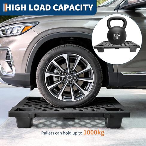 8 Pack Plastic Pallets, 19.7" x 11.8" x 3.9" Lightweight Nestable & Stackable Pallets, Black Interlocking Floor Tiles for Storage, Ventilated Design for Garage, Warehouse, Basement in Saudi Arabia