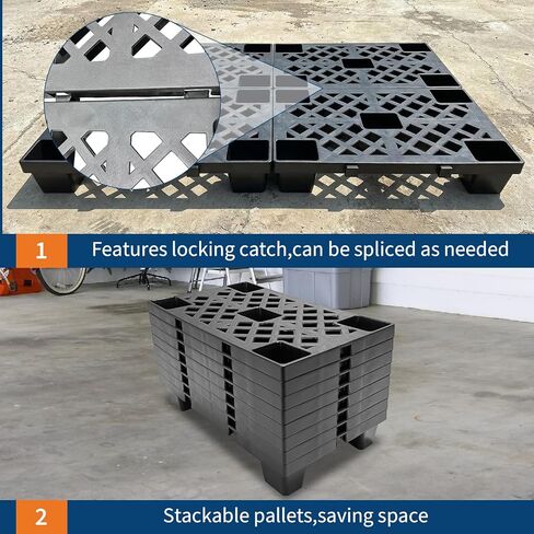 8 Pack Plastic Pallets, 19.7" x 11.8" x 3.9" Lightweight Nestable & Stackable Pallets, Black Interlocking Floor Tiles for Storage, Ventilated Design for Garage, Warehouse, Basement in Saudi Arabia