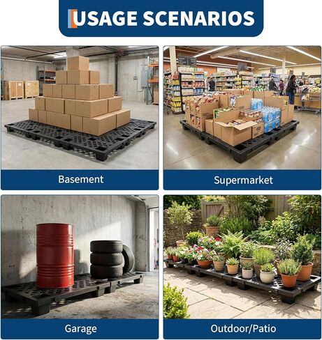 8 Pack Plastic Pallets, 19.7" x 11.8" x 3.9" Lightweight Nestable & Stackable Pallets, Black Interlocking Floor Tiles for Storage, Ventilated Design for Garage, Warehouse, Basement in Saudi Arabia