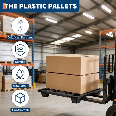 8 Pack Plastic Pallets, 19.7" x 11.8" x 3.9" Lightweight Nestable & Stackable Pallets, Black Interlocking Floor Tiles for Storage, Ventilated Design for Garage, Warehouse, Basement in Saudi Arabia