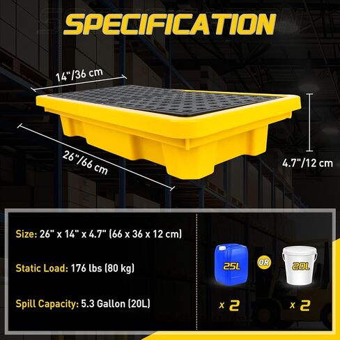 2 طبلة لاحتواء الانسكابات مع تصريف، منصة مانعة للتسرب للجراج، الطابق السفلي، التخزين الصناعي (عبوة واحدة، 26 بوصة × 14 بوصة × 4.7 بوصة، سعة تحميل 176 رطل، مستنقع 5.3 جالون) in Kuwait