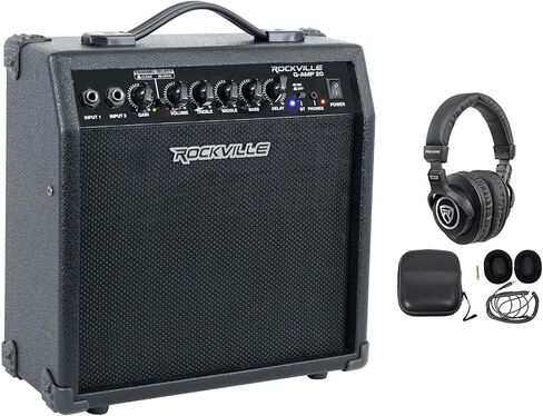 حزمة Rockville G-AMP 20: مجموعة مضخم صوت جيتار مزدوج الإدخال بقدرة 20 وات مع بلوتوث وتأخير، وسماعات رأس PRO-M50 Studio مع حافظة ووسادات أذن إضافية، قطعتان in Saudi Arabia