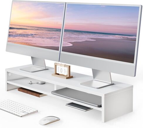 Fenge Monitor Stand, 31.5 Inch Computer Monitor Riser for Desk, 2 Tiers Wood Desk Shelf with Storage, Desktop Organizer for PC, Laptop, Screen, Printer in Kuwait