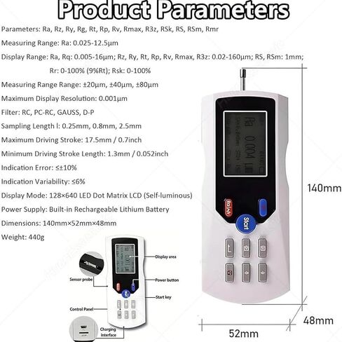 Handheld Roughness Measuring Device, Portable Profilometer with 160μm Measuring Range, Includes Calibration Block & Holder for Accurate Surface Roughness Testing in Saudi Arabia