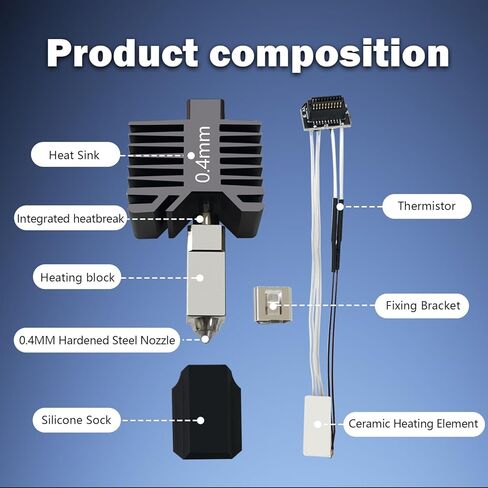 طقم رأس الطباعة الطارد المتكامل والمجمع من السيراميك P1P/P1S Hotend مقاس 0.4 مم (بدون تسرب) - استبدال الطرف الساخن للطابعة ثلاثية الأبعاد مع فوهة فولاذية صلبة، وثرمستور، وخرطوشة سخان وكتلة حرارية in Kuwait