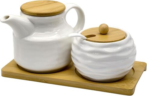 Ceramic Sugar and Creamer Set, Coffee Bar Accessories Cream Pitcher and Sugar Bowl with Lid, Spoon and Wooden Tray, White Creamer Pitcher for Afternoon Tea, Cream, Coffee Syrup and Condiments in Saudi Arabia