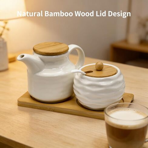 Ceramic Sugar and Creamer Set, Coffee Bar Accessories Cream Pitcher and Sugar Bowl with Lid, Spoon and Wooden Tray, White Creamer Pitcher for Afternoon Tea, Cream, Coffee Syrup and Condiments in Saudi Arabia
