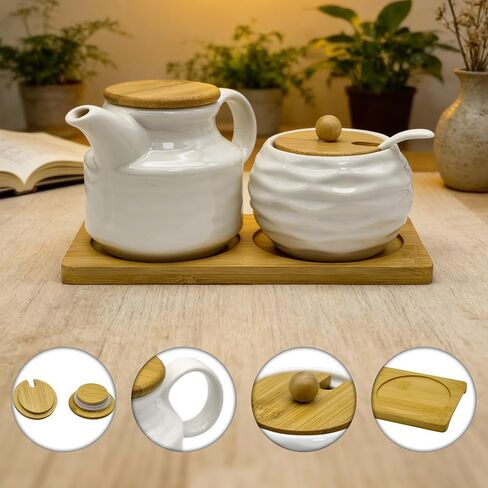 Ceramic Sugar and Creamer Set, Coffee Bar Accessories Cream Pitcher and Sugar Bowl with Lid, Spoon and Wooden Tray, White Creamer Pitcher for Afternoon Tea, Cream, Coffee Syrup and Condiments in Saudi Arabia
