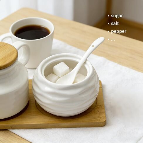 Ceramic Sugar and Creamer Set, Coffee Bar Accessories Cream Pitcher and Sugar Bowl with Lid, Spoon and Wooden Tray, White Creamer Pitcher for Afternoon Tea, Cream, Coffee Syrup and Condiments in Saudi Arabia