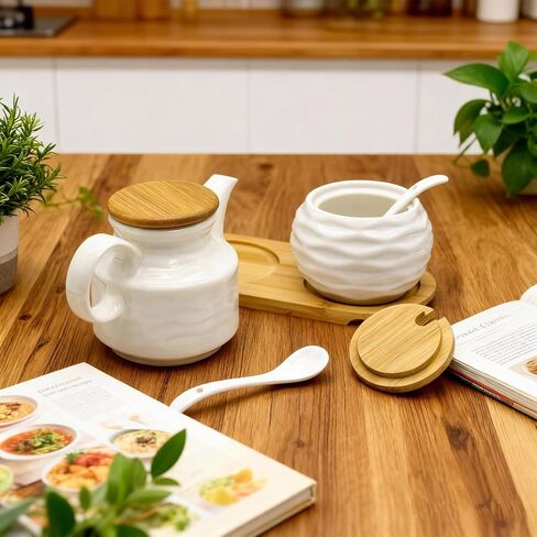 Ceramic Sugar and Creamer Set, Coffee Bar Accessories Cream Pitcher and Sugar Bowl with Lid, Spoon and Wooden Tray, White Creamer Pitcher for Afternoon Tea, Cream, Coffee Syrup and Condiments in Saudi Arabia