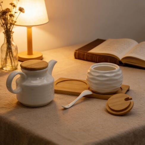 Ceramic Sugar and Creamer Set, Coffee Bar Accessories Cream Pitcher and Sugar Bowl with Lid, Spoon and Wooden Tray, White Creamer Pitcher for Afternoon Tea, Cream, Coffee Syrup and Condiments in Saudi Arabia