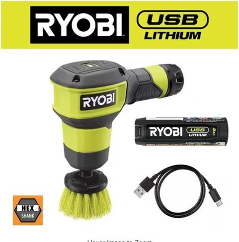RYOBI USB Lithium Compact Scrubber Kit with 2.0 Ah Battery, USB Charging Cord, and 2 in. Medium Bristle Brush, Green in Kuwait