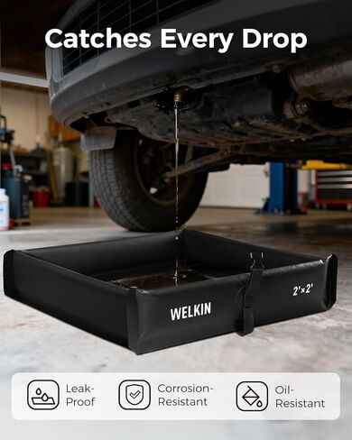 حاجز احتواء الانسكابات من ويلكن، بركة بطة قابلة للطي، صينية احتواء ثانوية محمولة، لتغيير الزيت وحماية تحت التنقيط (أسود، 2 × 2 بوصة) in Kuwait