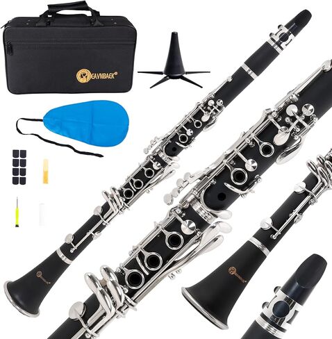 Bb Clarinet for Beginners, Bb Nickel-plated 17 Keys Clarinet for Students, Professionals and School Bands, with Hard Foam Case Barrels*2 Pads*8 Stand Cleaning Kit and White Gloves (Black) in Kuwait