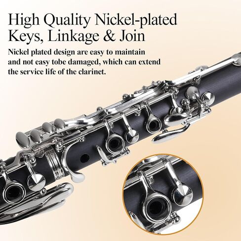 Bb Clarinet for Beginners, Bb Nickel-plated 17 Keys Clarinet for Students, Professionals and School Bands, with Hard Foam Case Barrels*2 Pads*8 Stand Cleaning Kit and White Gloves (Black) in Kuwait