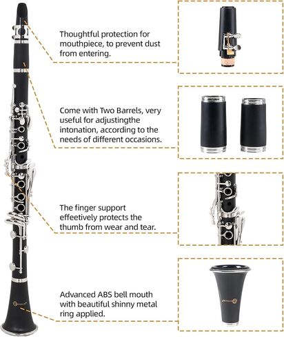 Bb Clarinet for Beginners, Bb Nickel-plated 17 Keys Clarinet for Students, Professionals and School Bands, with Hard Foam Case Barrels*2 Pads*8 Stand Cleaning Kit and White Gloves (Black) in Kuwait