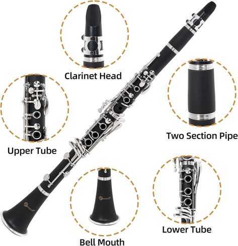 Bb Clarinet for Beginners, Bb Nickel-plated 17 Keys Clarinet for Students, Professionals and School Bands, with Hard Foam Case Barrels*2 Pads*8 Stand Cleaning Kit and White Gloves (Black) in Kuwait