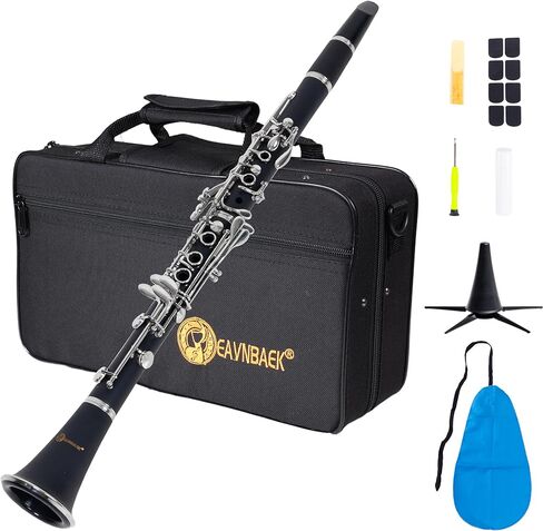 Bb Clarinet for Beginners, Bb Nickel-plated 17 Keys Clarinet for Students, Professionals and School Bands, with Hard Foam Case Barrels*2 Pads*8 Stand Cleaning Kit and White Gloves (Black) in Kuwait