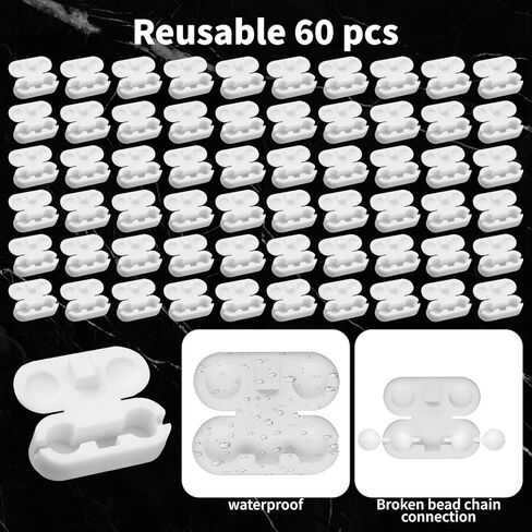60 Pcs Ball Chain Connectors 4mm Beaded Pull Chain Connectors, Plastic Blind Cord Connector Clips for Vertical Roller Blinds Household Blinds Replacement Repair (White) in Kuwait