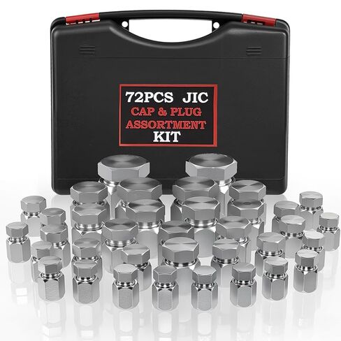 72PCS JIC Cap and Plug Set, 37 Degree Flare Thread Cap & Plug Assortment Set, Capping Off Hydraulic Lines, Carbon Steel, Size 4 6 8 10 12 16 in Kuwait