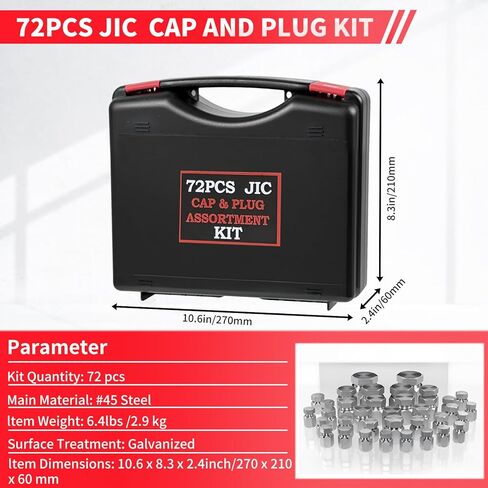 72PCS JIC Cap and Plug Set, 37 Degree Flare Thread Cap & Plug Assortment Set, Capping Off Hydraulic Lines, Carbon Steel, Size 4 6 8 10 12 16 in Kuwait