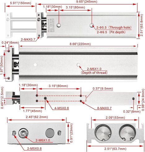 Heschen Dual Aluminum Air Cylinder CXSM 20-150 Guide Rod Plate Double Rod Guided Pneumatic Slide Bearing Cushioned 20mm Bore 150mm Stroke Double Acting in Kuwait