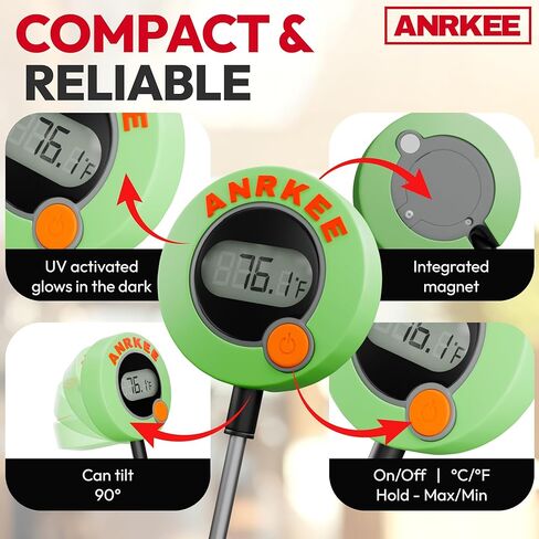 Glow in The Dark HVAC Digital Temperature Test Thermometer with LCD Display and Magnetic Mount, Fahrenheit and Celsius, Foldable Display, Probe Tip Protector and Hanging Mount in Saudi Arabia