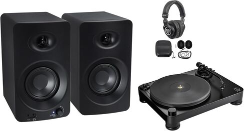 حزمة Audio-Technica AT-LP7X: قرص دوار يدوي بالكامل، زوج ASM4 4 بوصة مكبرات صوت تعمل بالشاشة تعمل بتقنية البلوتوث، سماعات رأس PRO-M50 مغلقة من الخلف، علبة كابل ملفوف قابلة للفصل، 3 عناصر in Saudi Arabia