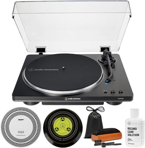 Audio-Technica AT-LP70X-BG قرص دوار أوتوماتيكي بالكامل يعمل بالحزام، حزمة سوداء/فضية مع حل العناية بالسجلات، مجموعة تنظيف معدات ديكو، ستروبوسكوب ومثبت التسجيل in Saudi Arabia
