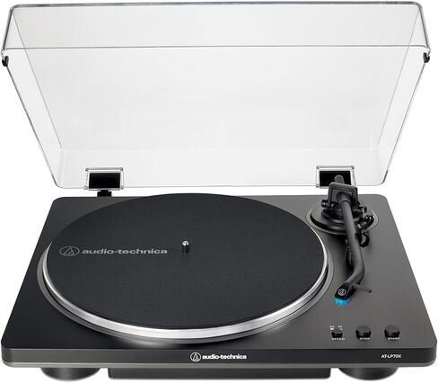 Audio-Technica AT-LP70X-BG قرص دوار أوتوماتيكي بالكامل يعمل بالحزام، حزمة سوداء/فضية مع حل العناية بالسجلات، مجموعة تنظيف معدات ديكو، ستروبوسكوب ومثبت التسجيل in Saudi Arabia