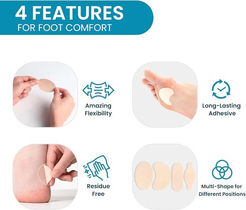 Povihome Moleskin Strips Adhesive Pads Blister Prevention Mole Skin Tape Stickers for Feet Heel Protection, Soft Patches Prevent Rubbing, Blisters, Callus - 26 Sheets of 4 Shapes，Beige in Kuwait