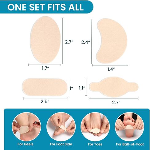 Povihome Moleskin Strips Adhesive Pads Blister Prevention Mole Skin Tape Stickers for Feet Heel Protection, Soft Patches Prevent Rubbing, Blisters, Callus - 26 Sheets of 4 Shapes，Beige in Kuwait