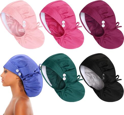 6 Pcs Extra Large Satin Lined Scrub Caps for Women Long Hair Nurse Surgical Hat with Button Working Adjustable in Kuwait