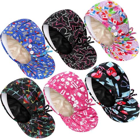 6 Pcs Extra Large Satin Lined Scrub Caps for Women Long Hair Nurse Surgical Hat with Button Working Adjustable in Saudi Arabia