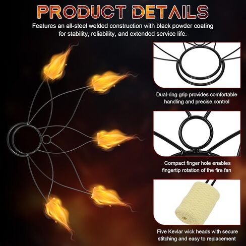 Fire Fans for Dancing (Pair), 5 Wick Lotus Fans with 2" Woven Aramid Fiber Kevlar Heads, Durable Fire Performance Gear for Festivals & All Levels of Dancers in Saudi Arabia