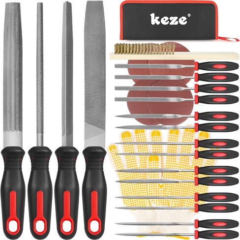 Keze 25 Pcs Metal File Set,Premium T12 Carbon Steel Flat/Half-Round/Round/Triangle Large Files,14 Pcs Needle Files with Case,4 Pcs Sandpaper,Brush,and A Pair of Gloves,for Woodworking. in Kuwait