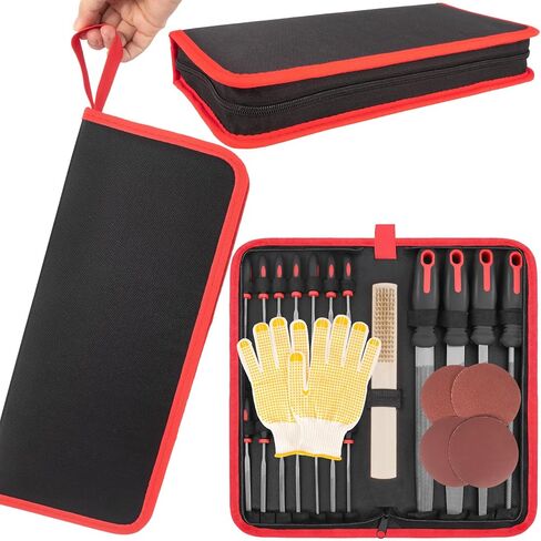 Keze 25 Pcs Metal File Set,Premium T12 Carbon Steel Flat/Half-Round/Round/Triangle Large Files,14 Pcs Needle Files with Case,4 Pcs Sandpaper,Brush,and A Pair of Gloves,for Woodworking. in Kuwait