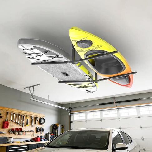 WALMANN Ceiling Kayak Storage Rack for Garage, Heavy-Duty Overhead Kayak Hanger Holds 2 Kayaks, Snowboards, Surfboards, Paddleboards & SUPs, Space-Saving Ceiling-Mount Storage Rack in Saudi Arabia
