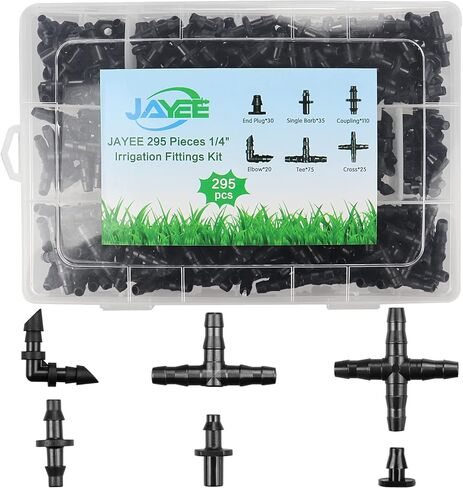 طقم أدوات الري بالتنقيط 295 قطعة لأنابيب 1/4 بوصة - 110 بارب مستقيم، 35 بارب فردي، 75 تي شيرت، 20 مرفقًا، 30 قابس طرفي، 25 وصلة توصيل بأربعة اتجاهات - تركيبات موصلات شائكة لأنظمة الرش in Kuwait