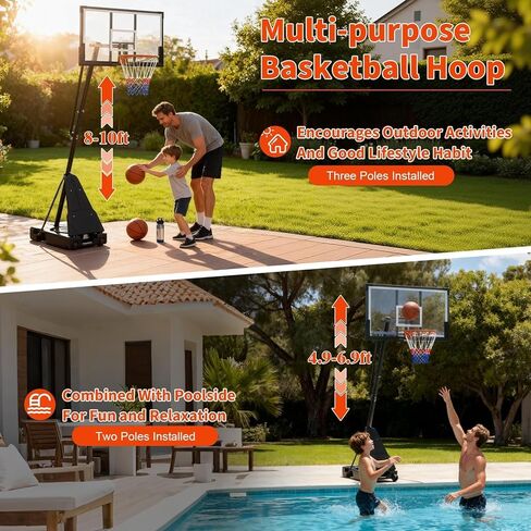 طوق كرة السلة المحمول في الهواء الطلق، لوحة خلفية للكمبيوتر الشخصي مقاومة للكسر مقاس 48 بوصة، نظام هدف طوق كرة السلة بارتفاع 4.9-10 أقدام قابل للتعديل، حامل متنقل مع عجلات وقاعدة مرجحة للعب في الفناء الخلفي للممر in Kuwait