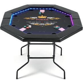 LED Poker Table for 8 Players, 48" Foldable Octagonal Casino Table for Home Game Room, Folding Texas Holdem Board Game Table with Built-in Dual-Color LED Light & Padded Armrest & Cup Holders in Kuwait