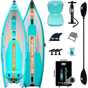 Beyond Marina 12′6″ Inflatable Kayak with Motor Bracket, 1 Person Blow Up Fishing Boat, Includes Wheeled Backpack, 3 Rod Holders & Inflatable Seat, Compatible with Pedal Drive & Rudder(Optional) in Kuwait